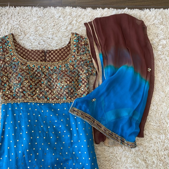 Brown and blue patiala style salwar suit - Picture 6 of 8